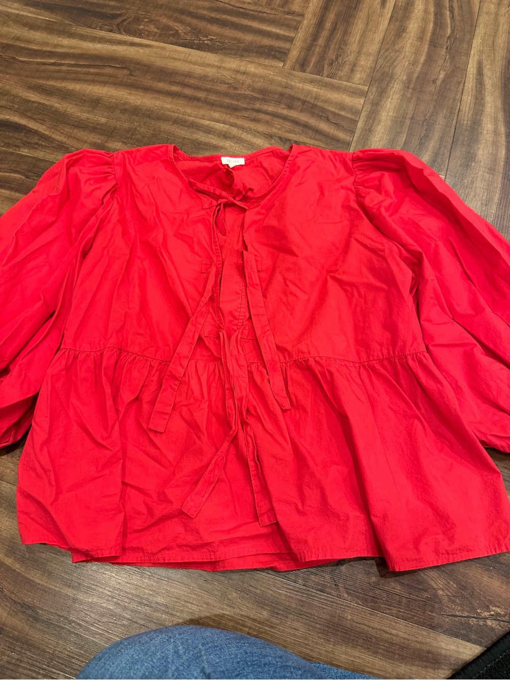 JODIFL Red Tie-Front Puff Sleeve Blouse